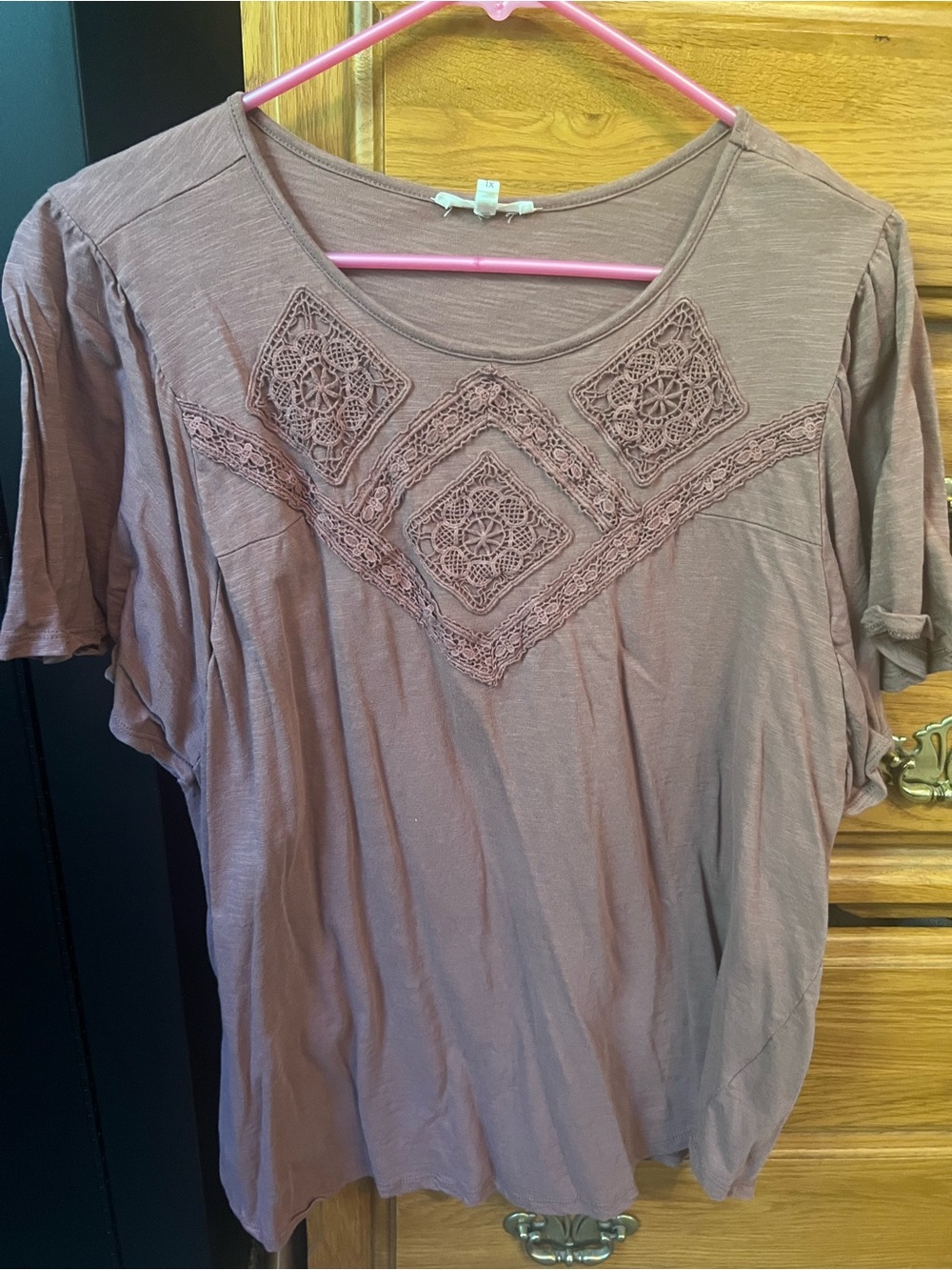 Maurices Taupe Crochet Yoke Short Sleeve Tee